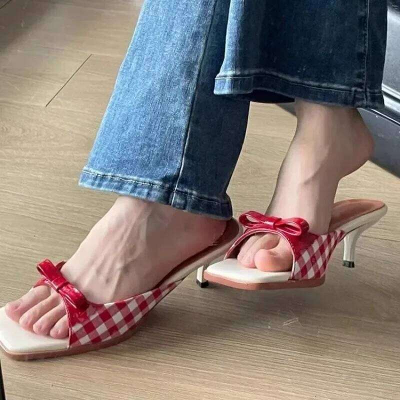 Design Retro Plaid Bow Sandals Kitten Heels French Style Peep Toe Mixed Color Sweet and Cute Women's Vocation Shoes