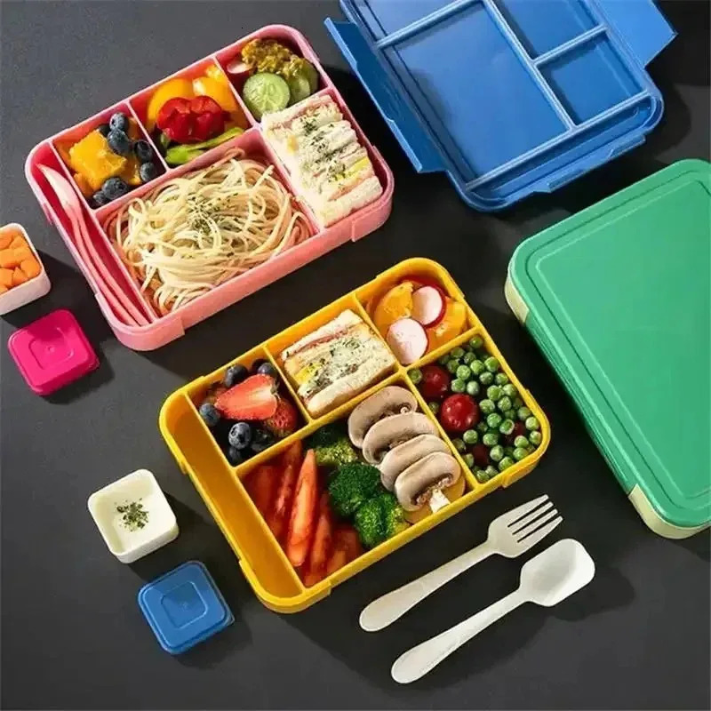 1330ML Bento Lunch Box Kids Adults Toddlers 6 Compartments W/TablewareSauce Pots Colorful Meal Prep Container Convenient 250627
