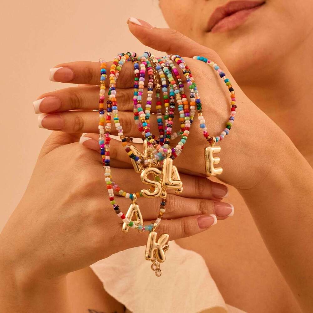 New Hot Sale Stainless Steel Personality Sweet Cool Style Colorful Bead Chubby Pendant 26 Letters Women's Necklace