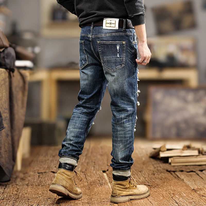 JXNS3 New American retro washed jeans men do old heavyweight design sense splicing Slim small leg trousers tide W250701 W250701