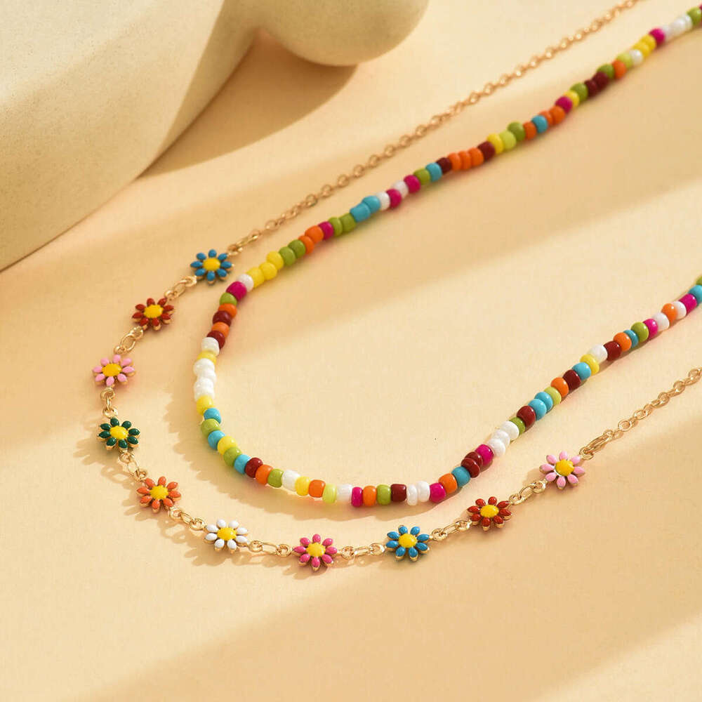 New Bohemian Vacation Style Versatile Double Layer Stacked Colorful Seed Bead Dopamine Oil Drop Flower Necklace For Women