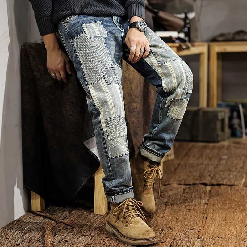 JXNH23 American Gangster splicing patch mens jeans spring tide Slim straight trousers washed vintage colour W250701 W250701