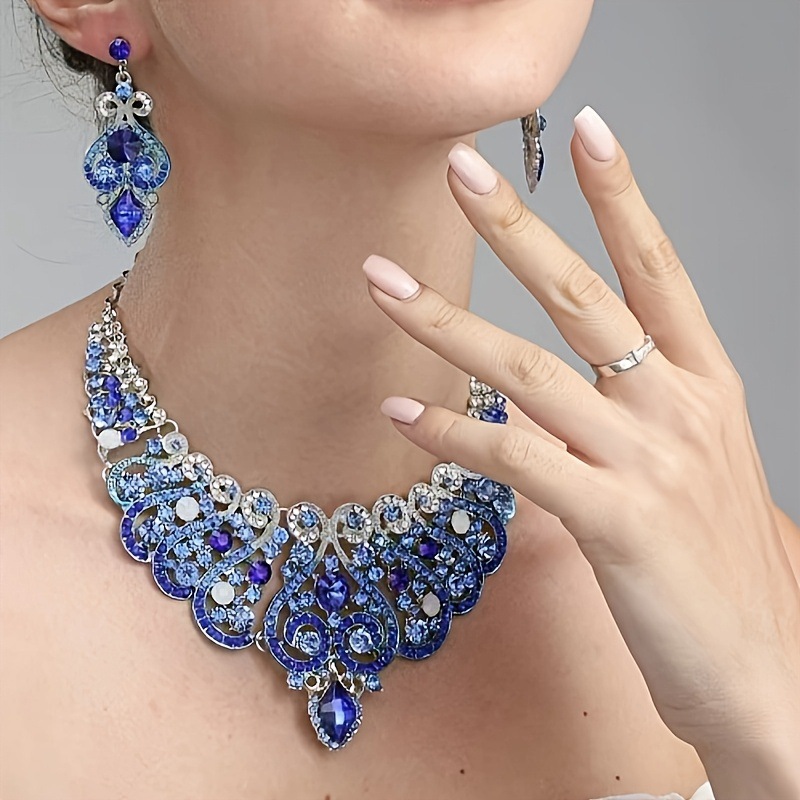 European and American exaggerated earrings necklace set blue glass rhinestone luxury bridal accessories women's accessories