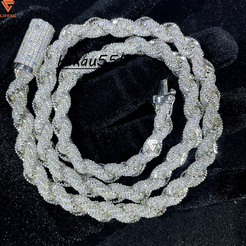 Hot Sale 8mm Iced Out VVS Moissanite Rope Chain Necklace White Gold Ready to Ship 925 Silver Rope Chain Fine Diamond Necklace