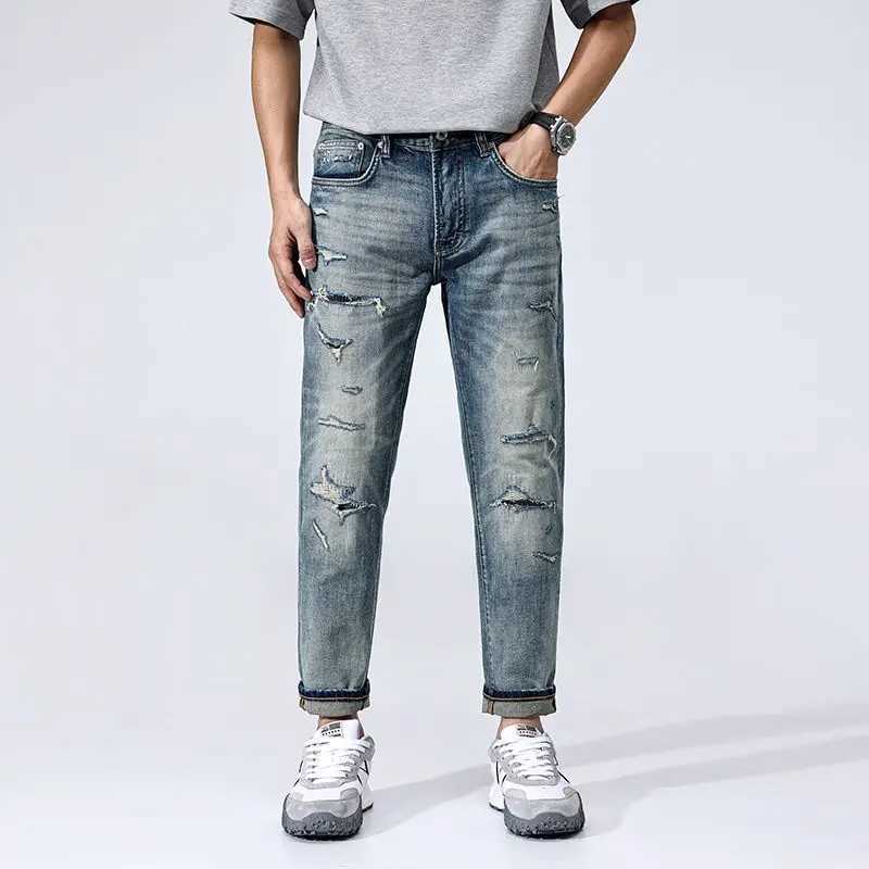 JXNS59 Tide washed do old hole jeans men trend Korean Slim straight trousers casual small feet high-end W250701 W250701