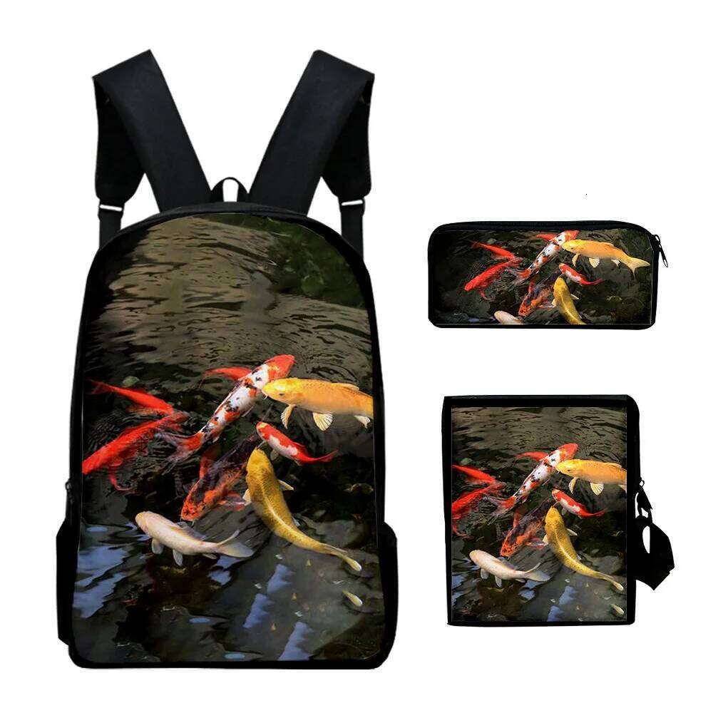 Fashion Novelty Cool Koi carp 3D Print 3pcs/Set pupil School Bags Laptop Daypack Backpack Inclined shoulder bag Pencil Case