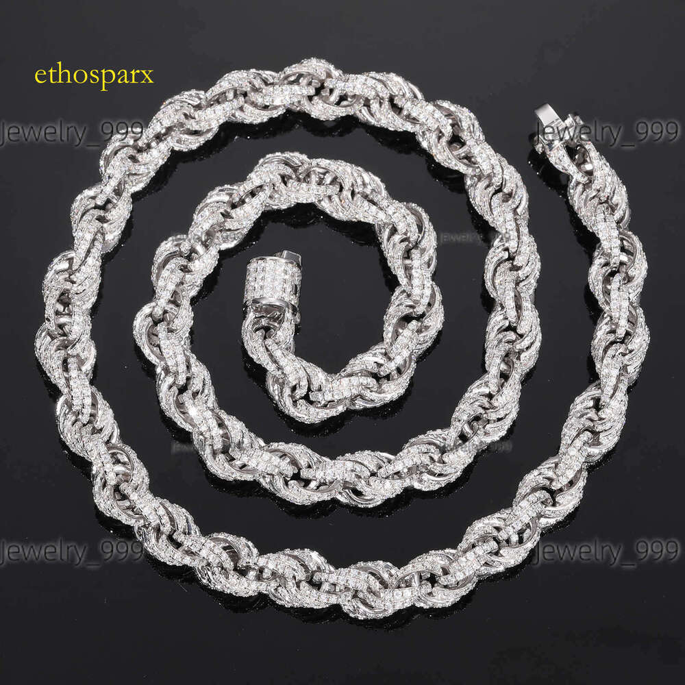 8mm Fully Iced Out Rope Necklace Spring Clasp Link Chain Bracelet Sterling Sier and VVS Moissanite