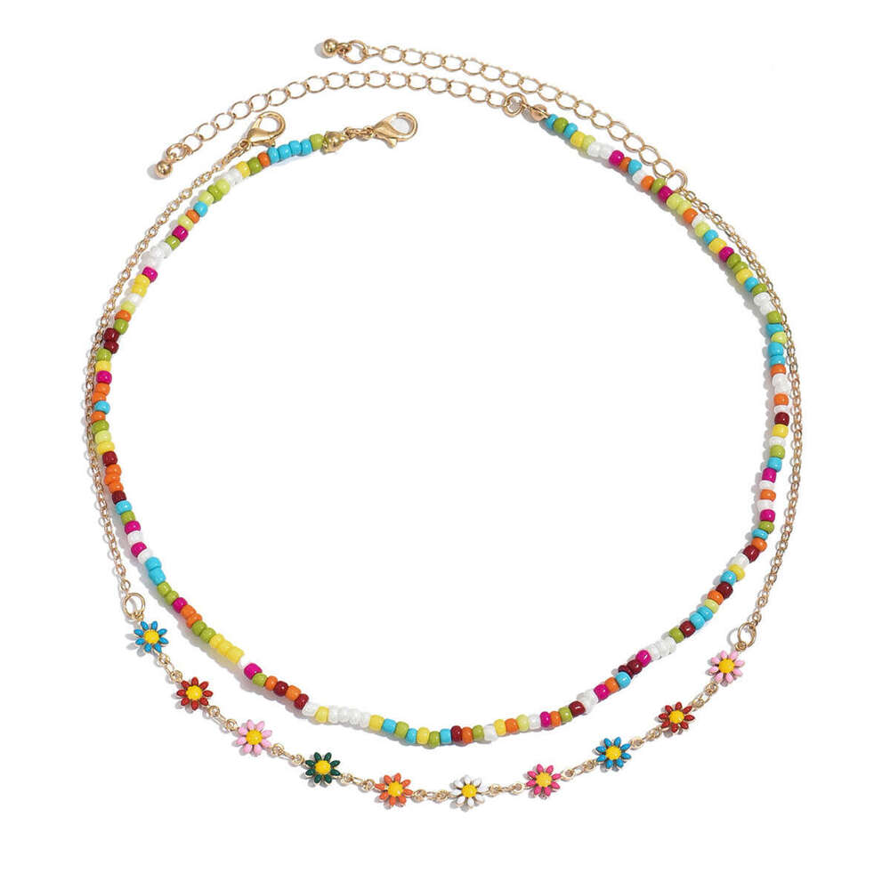 New Bohemian Vacation Style Versatile Double Layer Stacked Colorful Seed Bead Dopamine Oil Drop Flower Necklace For Women