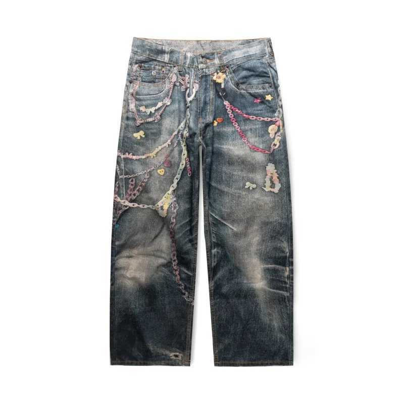 JK9673 American High Street3DDigital Printing Candy Chain Distressed Machete Jeans Mens Straight Casual Pants Trendy Couples W250701 W250701