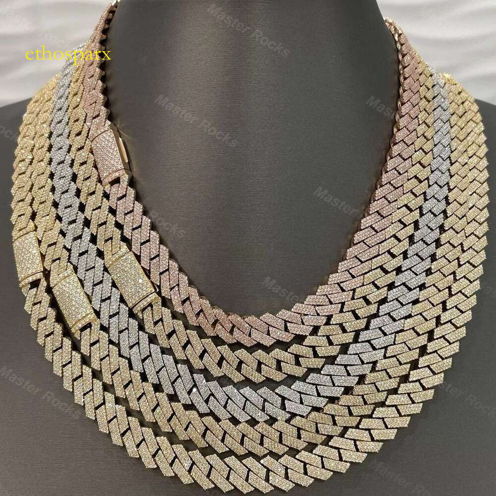 High quality pure sier necklace 15mm 3 rows hip-hop Miami Cuban chain VVS silica