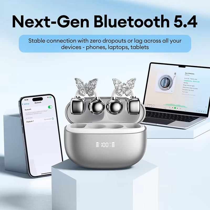 DHgargets HYUNDAI Clipbuds7 Butterfly Earrings Ear Clip - LED Display, Bluetooth 5.4, Dual-Mic Noise Reduction, Sports Earbuds with Smart Features
