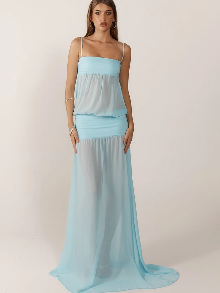 JULISSA MO Sexy See Through Hollow Out Maxi Dress For Women Blue Spaghetti Strap Evening Summer Elegant Party Clubwear 250701