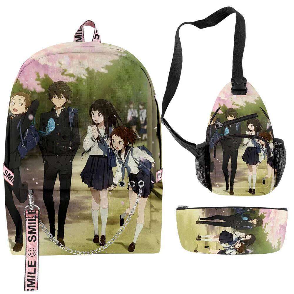 Novelty Creative Peculiar Cool Hyouka 3D Print 3pcs/Set School Bags multifunction Travel Backpack Chest Bag Pencil Case