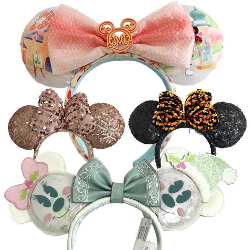 Disney 2pcs Disney Gingerbread Mickey Minnie Headband Adults/Child Disneyland PU Leather Bow Ear Women Christmas Gifts W250701