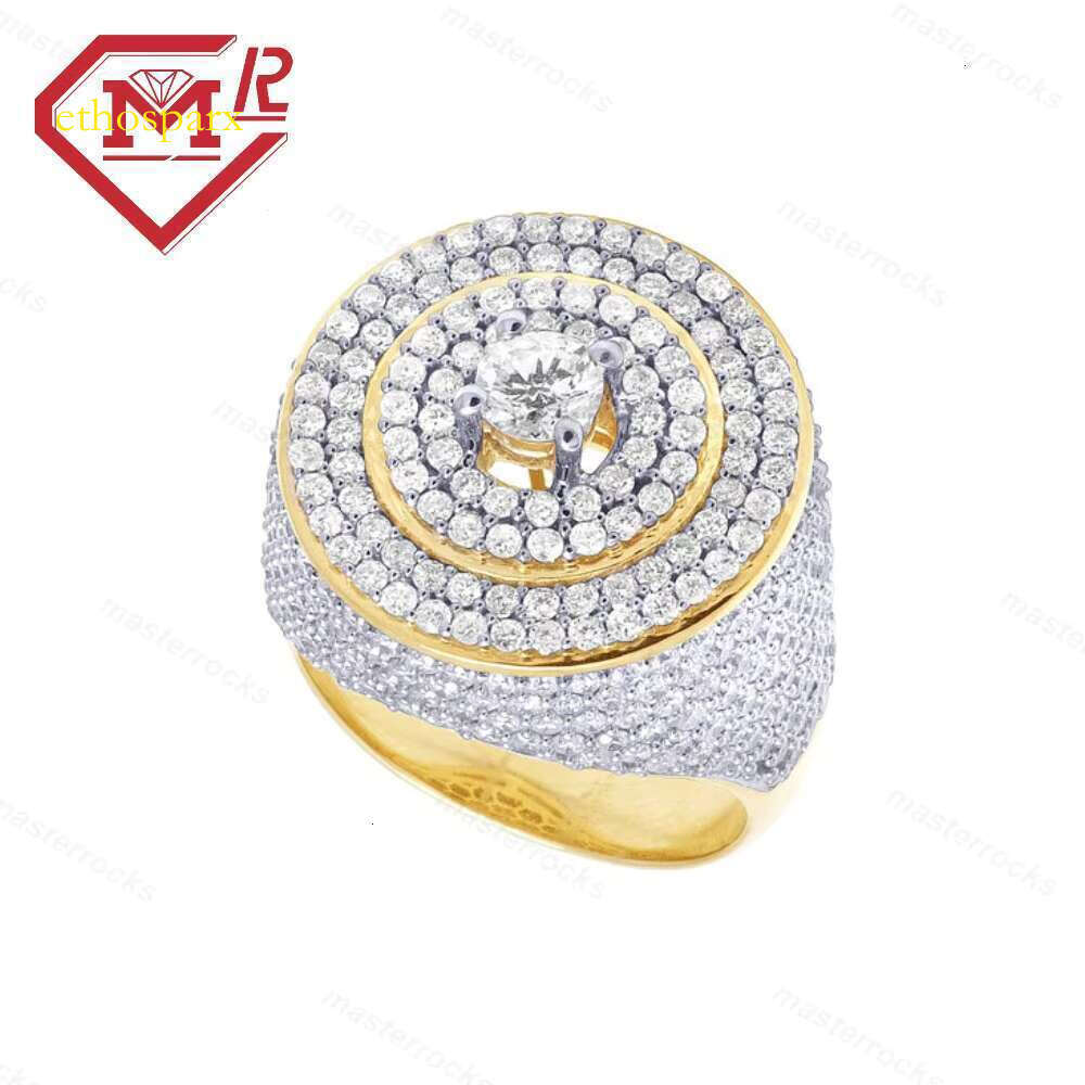 Men's hip-hop with hollowed out gold-plated chilled round pure silver VVS Moissanite ring