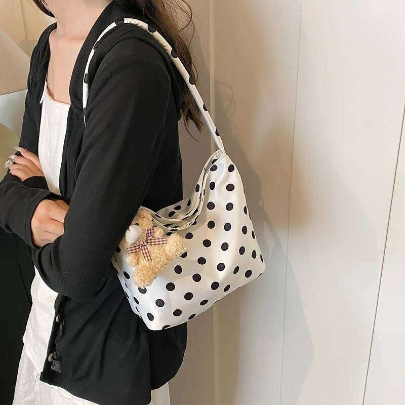 Polka Dot with Pendant Shoulder Bags Women Fashionable Canvas Crossbody Tote Bag Single Satchel for Trendy Handbag