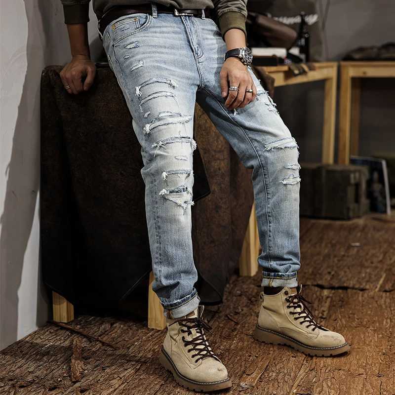 JXNS30 broken hole jeans mens American gangster handsome Slim small leg trousers do old casual trousers only high quality W250701 W250701