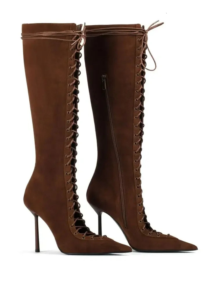 2025 Spring/Summer Lace Up Short Cool Boots Side Zipper Banquet Slimming High Heels Sexy Knee Length Womens Boots 250625