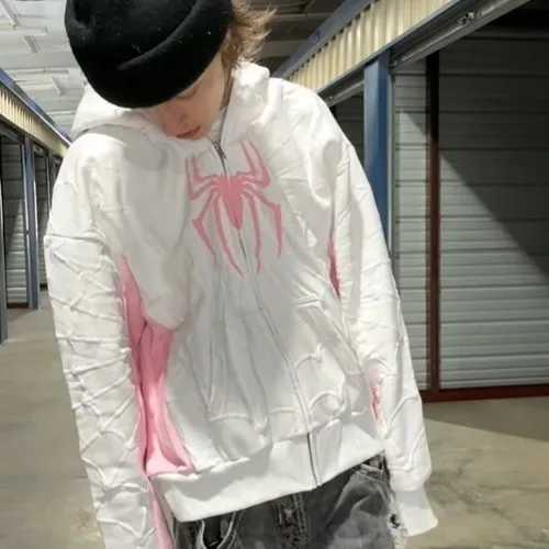 Men Spider Print Hoodies Women Hip Hop Zipper Long Sleeve Jacket Coats Y2k Autumn Winter Harajuku Casual Loose Hooded Sweatshirt X250701
