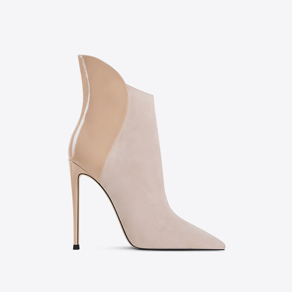 Women's Color-Block Pointed Toe Stiletto Ankle Boots - Asymmetric Cutout Microfiber Leather Fashion Booties, Side Zipper