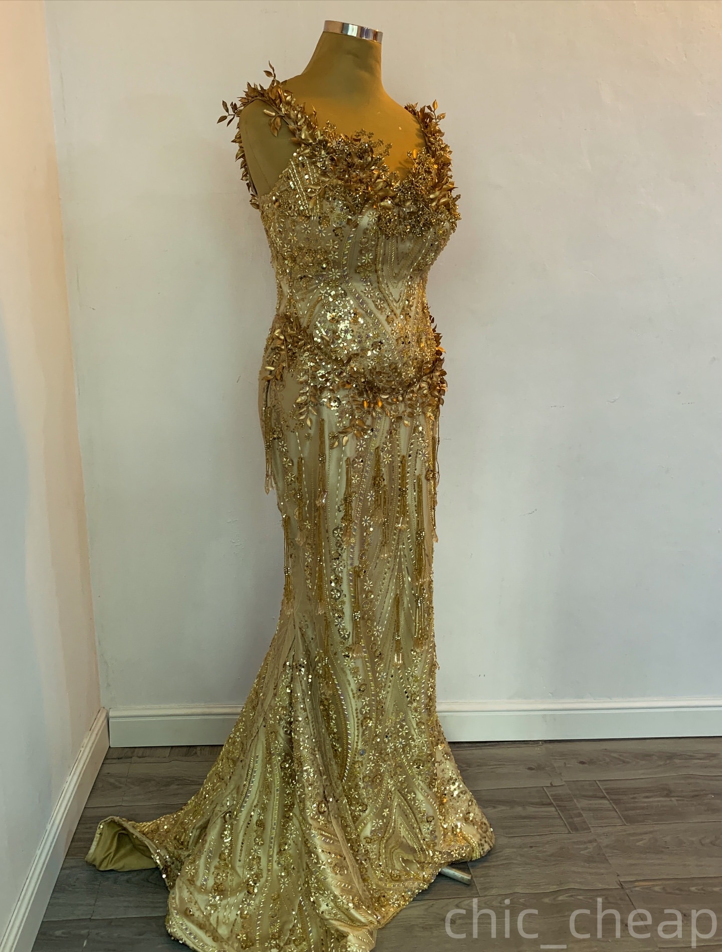 Mermaid Gold Prom Dresses 2025 Flowers Sequined V-neck Sparkly Evening Formal Party Second Birthday Engagement Gowns Plus Size Dress For Special Occas