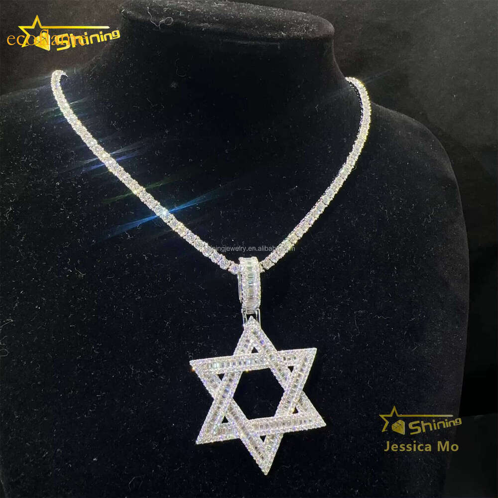 Drop Shipping Hot Selling Iced Out Rapper Sier Vvs Baguette Moissanite Dia Hip Hop Star Pendant Necklace Set