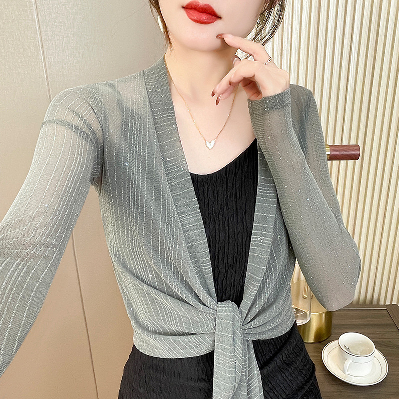 K1191 Summer mesh cardigan thin 2025 short versatile long-sleeved outer wear suspender dress cover jacket air-conditioning shirt