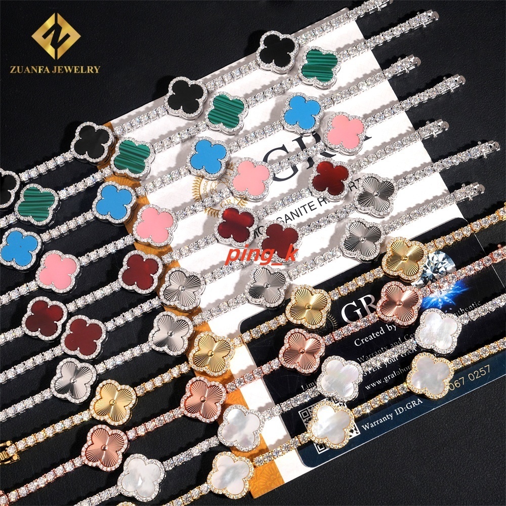 Hot Sale Multi Color Lucky Four Leaf Clover Chains 925 Silver Jewelry Iced Out 3mm VVS Moissanite Diamond Tennis Chain Bracelet