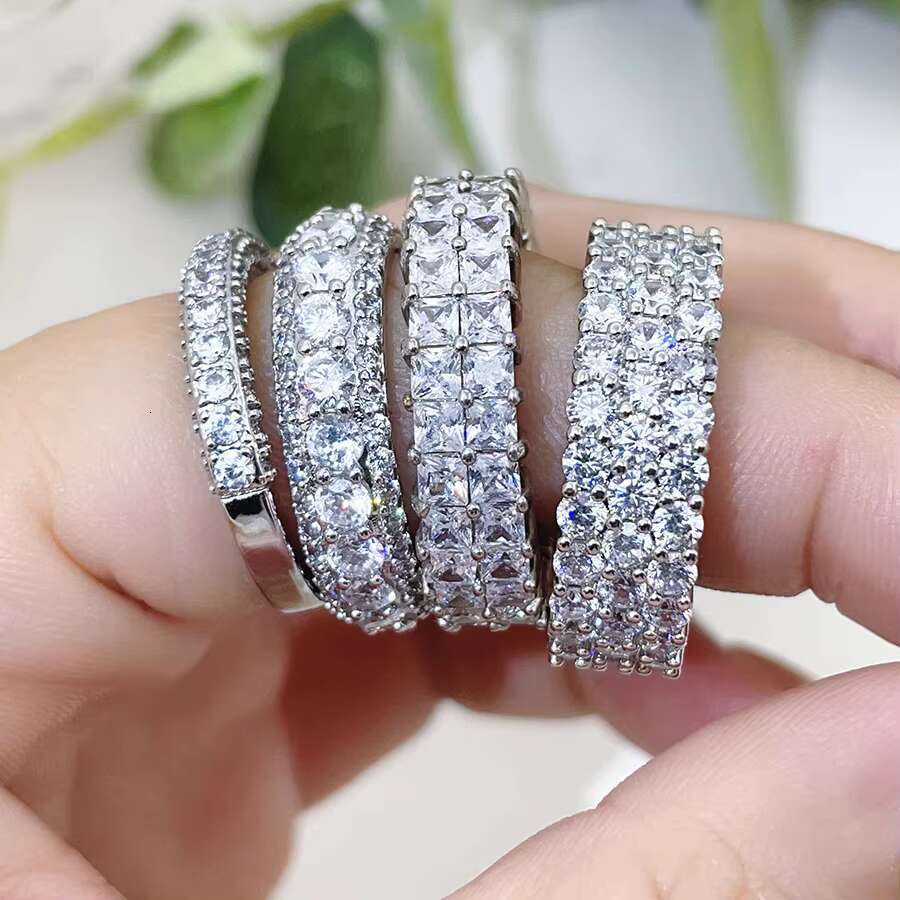 BIG Jewelry 925 Sterling Silver Double Layer Non Tarnish Inlay Dainty Pave Rings Sparkle 5A Cubic Zirconia Ring for Women