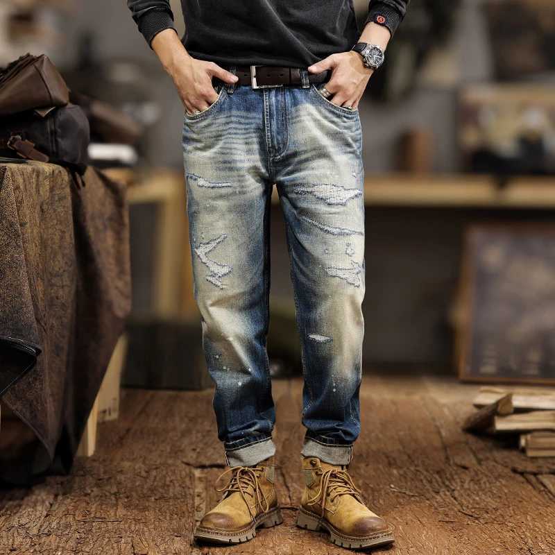 JXN0 High-end red ear denim ripped jeans mens new Slim straight stretch tapered small feet trousers W250701 W250701
