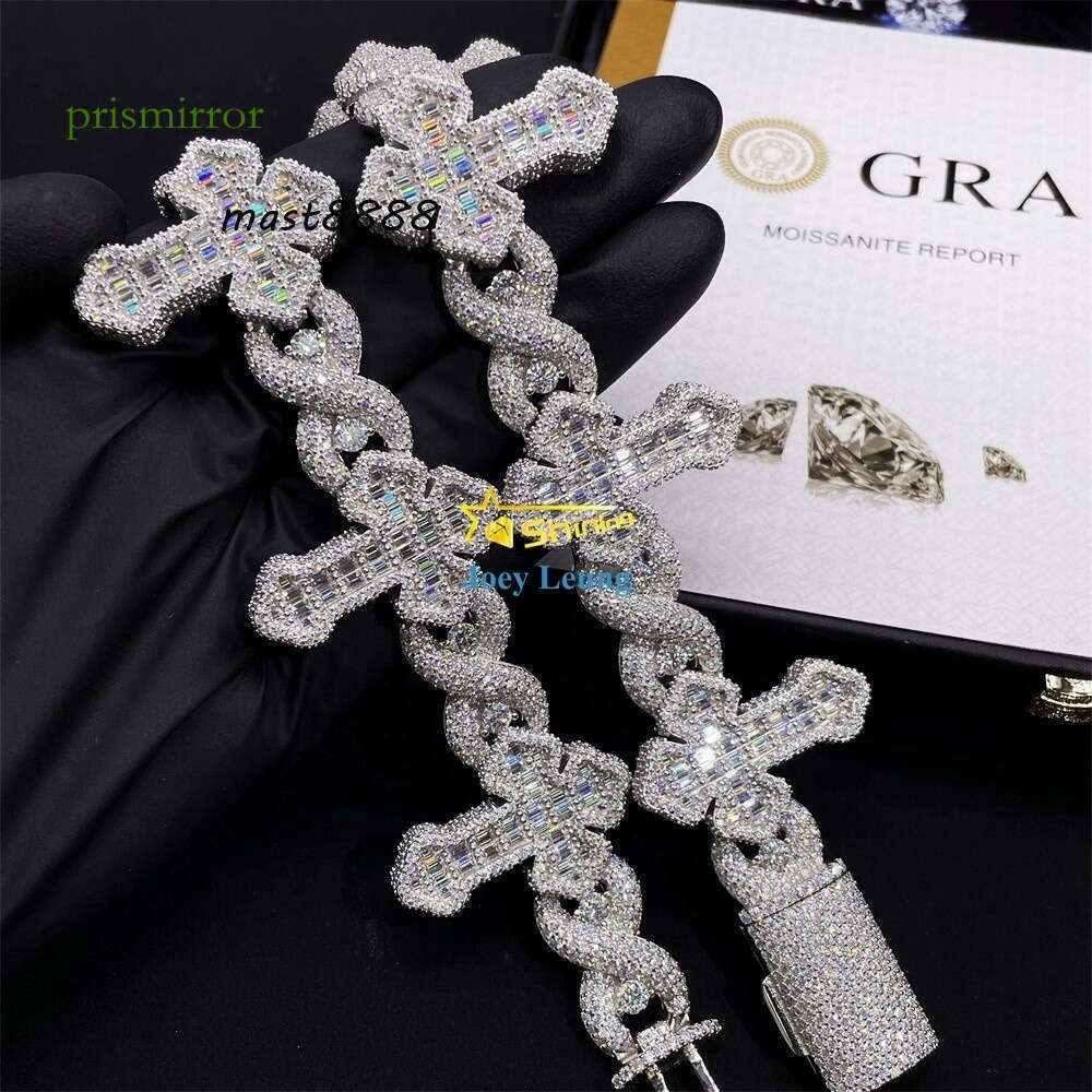 Cross Design Hip Hop Jewelry Sier Charm Iced Out VVS Baguette Moissanite Cuban Bracelet