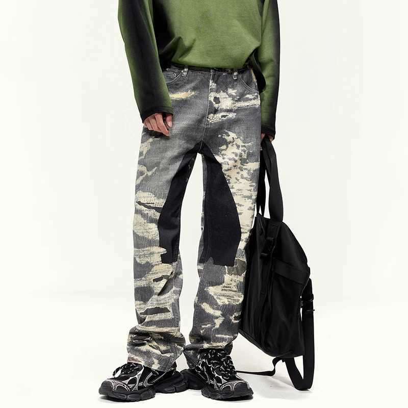 JK965 American heavy denim jeans mens tide loose street wide-leg retro splicing hip-hop straight tube W250701 W250701