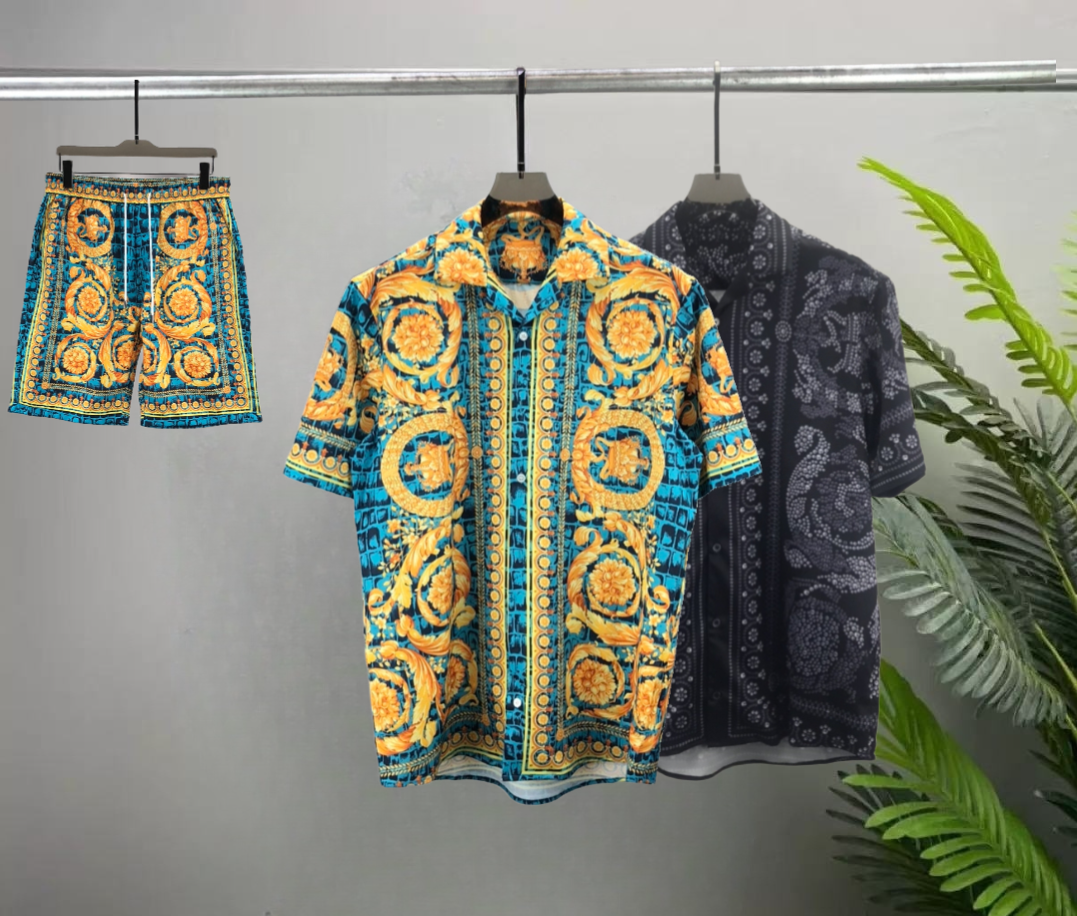 Fashion Designer Hawaii Beach Casual Shirt Set Summer Men's Business Shirt Short Sleeve Top Loose Shirt Asian size S-2XL C1