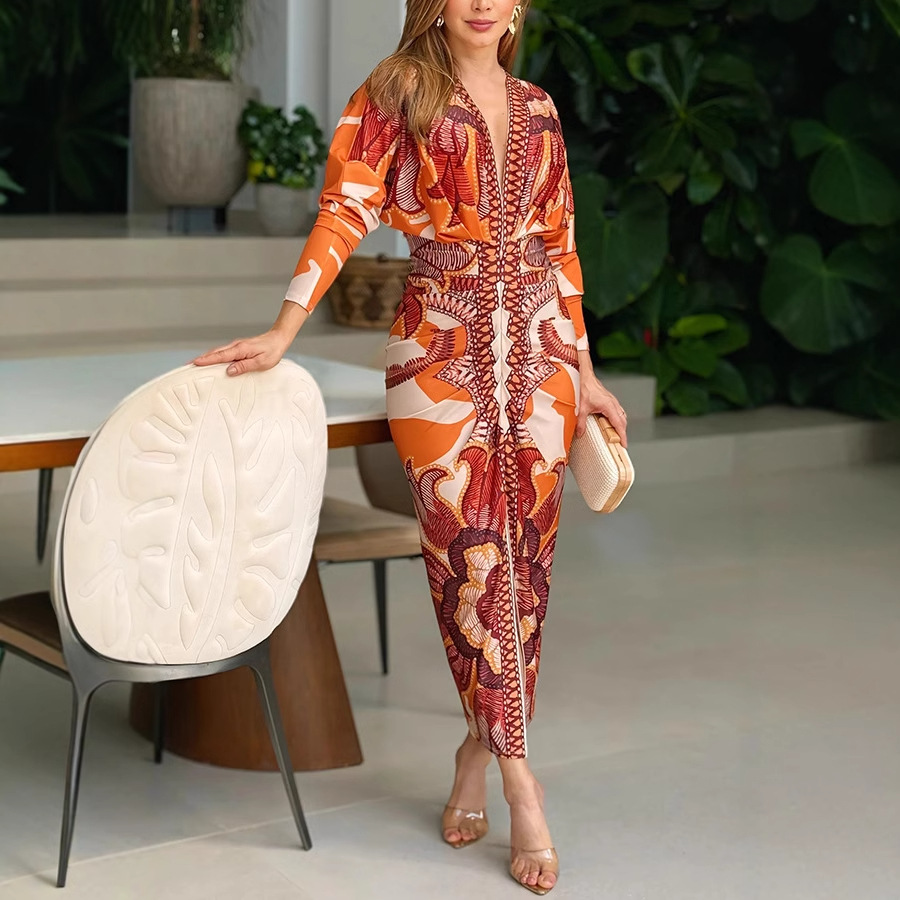 F631European and American foreign trade women's clothing printed sexy V-neck long-sleeved slit dress for women