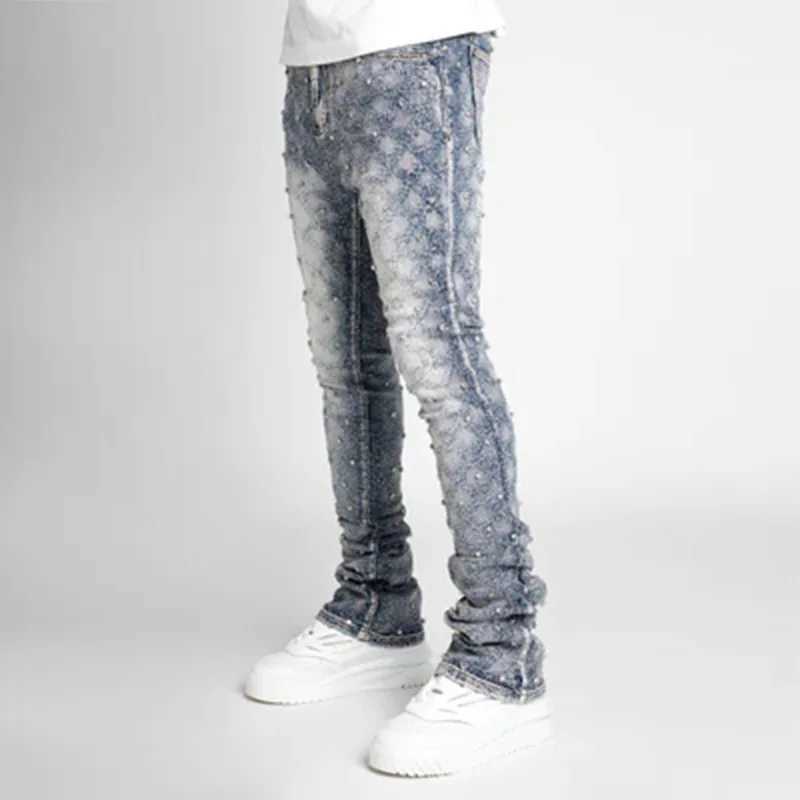 Stretchy Pearls Skinny Jeans For Men 2024 New Fashion Rhinestone European Street Personality Stacked Denim Pants W250701 W250701