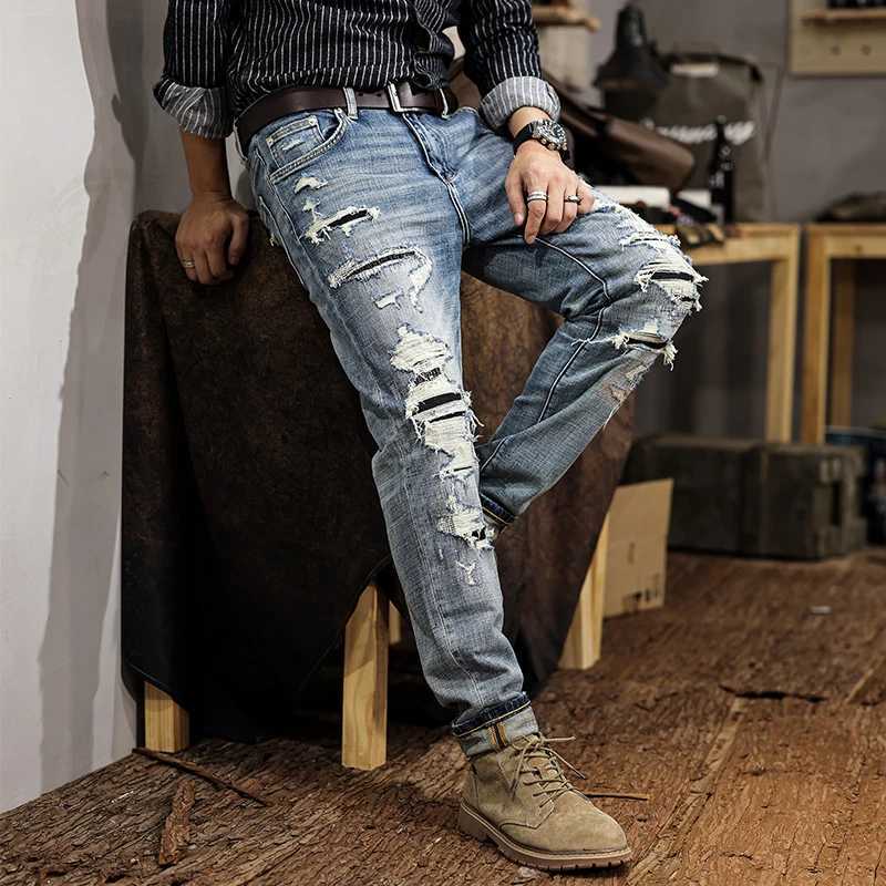 JX NS29 broken hole jeans mens American gangster handsome Slim small leg trousers do old casual trousers only high quality W250701 W250701