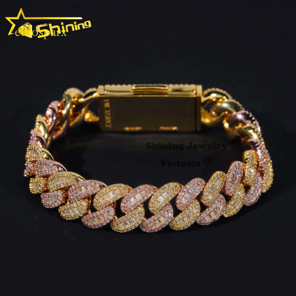 Hip Hop Iced Out Sterling Sier Rose Mix Yellow Gold 13MM Width Baguette Moissanite Cuban Link Chain Bracelet for Men