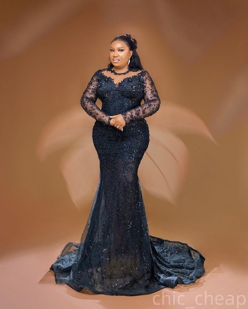 Black Mermaid Prom Dresses 2025 Lace Beaded Sheer Neck Vintage Evening Formal Party Second Birthday Engagement Gowns Plus Size Dress For Special Occas