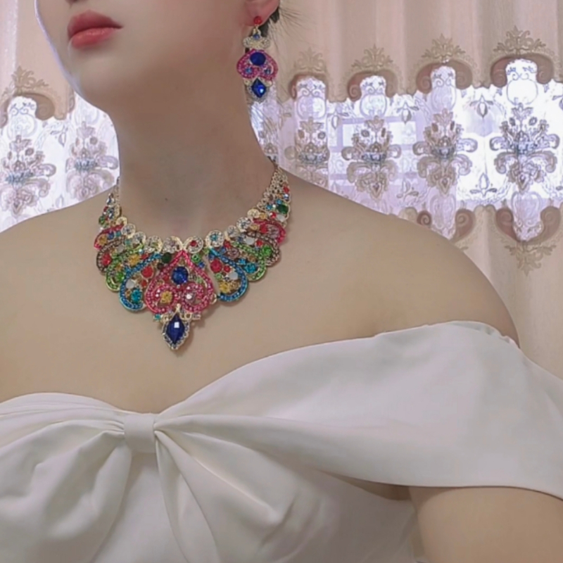 European and American exaggerated earrings necklace set blue glass rhinestone luxury bridal accessories women's accessories