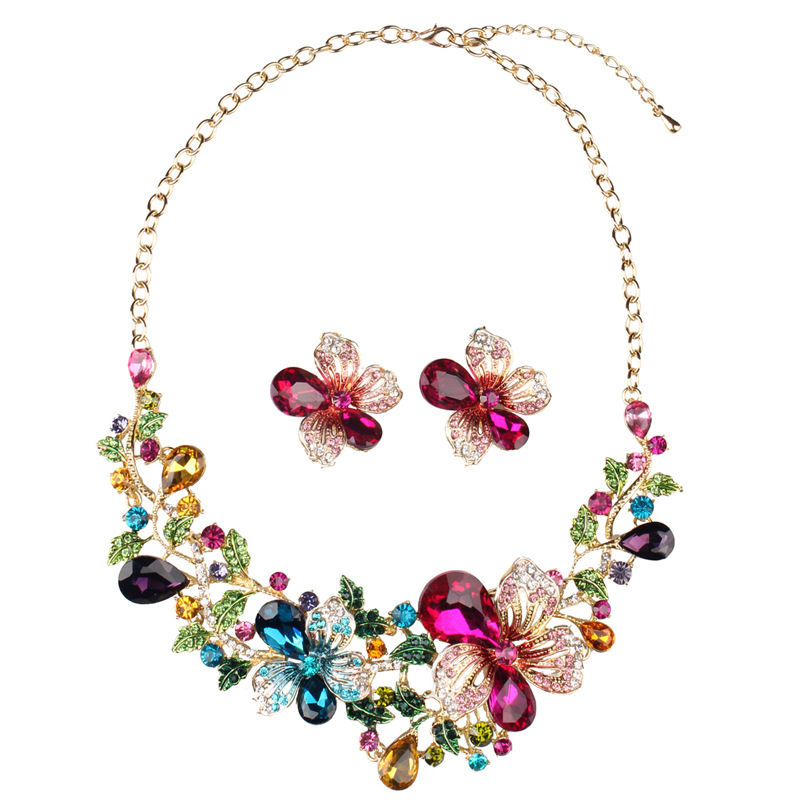 Set Necklace Jewelry Wholesale Women's Europe and America Exaggerated Crystal Flower Earrings Clavicle Dress Accessories Women's Party Weddi