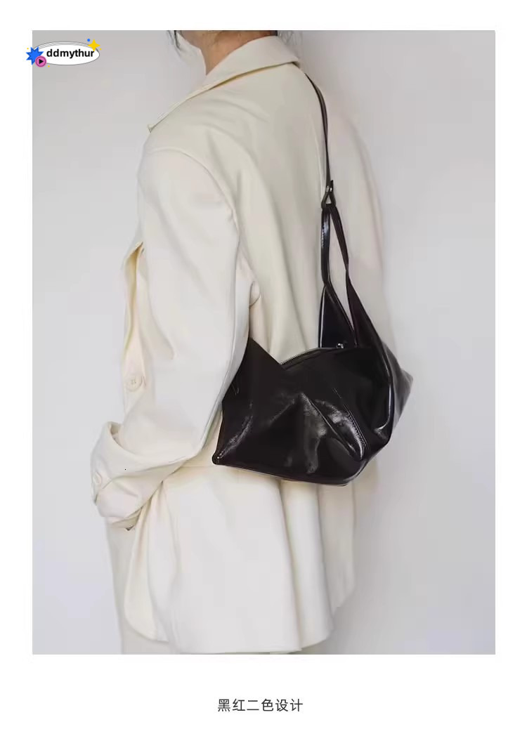 Korean INS Wind Niche Design Top Layer Oil Wax Soft Leather Lazy Style Single Shoulder Crossbody Handbag Croissant Foldable Bag ddmynov