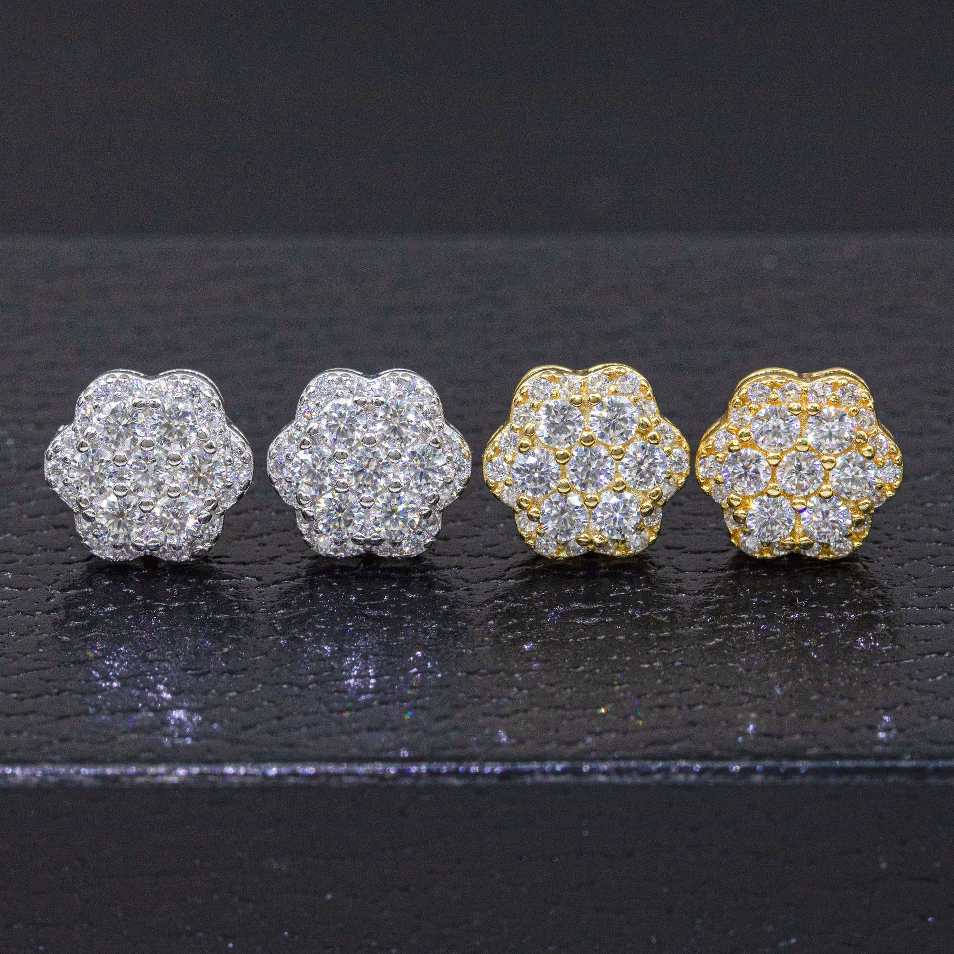 High Quality 925 Sterling Silver Flower Iced Out Diamond Hip Hop Screw Back Moissanite Stud Earrings