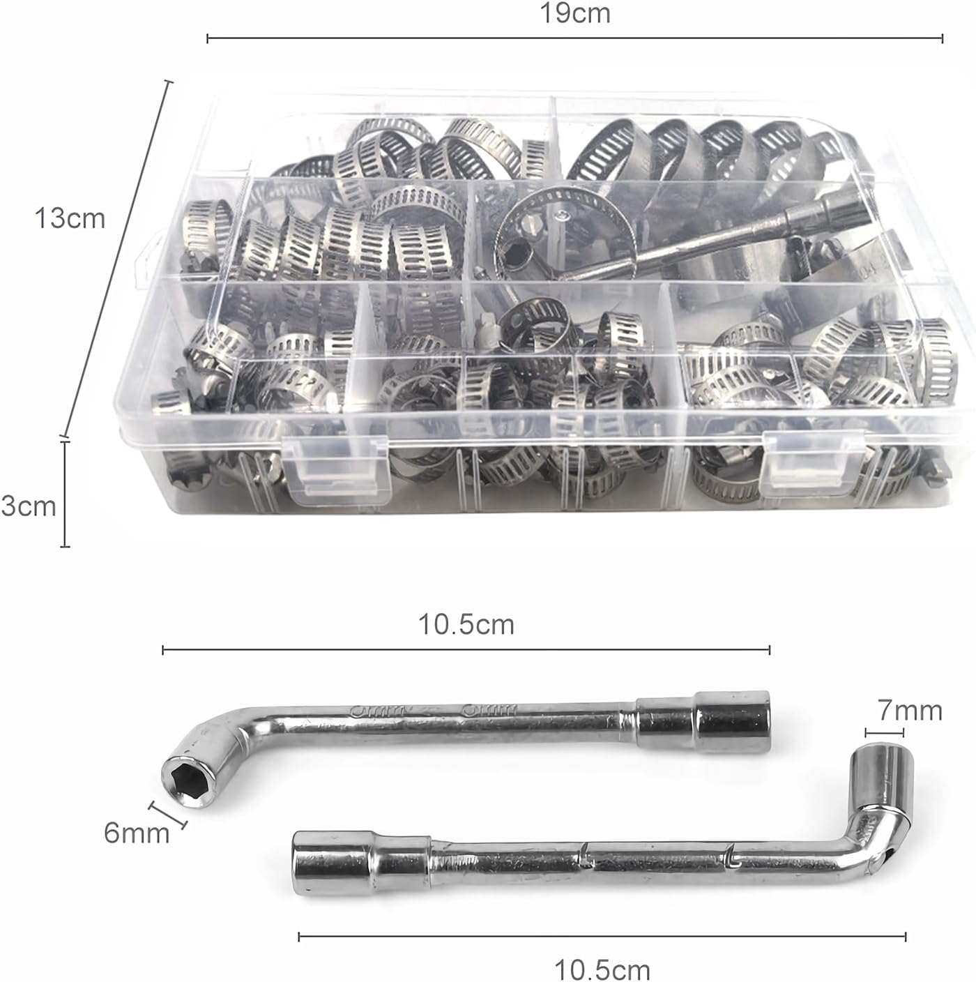 Hose Clamps 65PCS assortment, 304 Stainless Steel, Radiator Hose Clamps, Multi-size Adjustable Range 1/4-1-1/2in(6-38mm) with 2pcs Socket Wrench