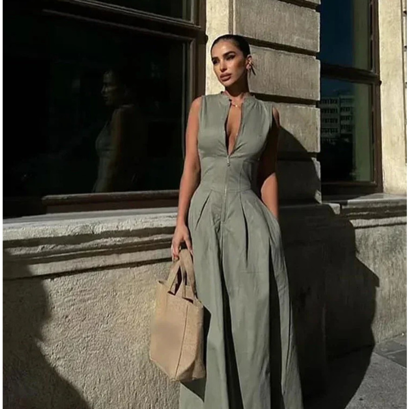 Maxi Summer Dress Sleeveless Spliced Zipper Women Elegant High Waist Slim Pleated Long Dresses Office Lady Street Robes