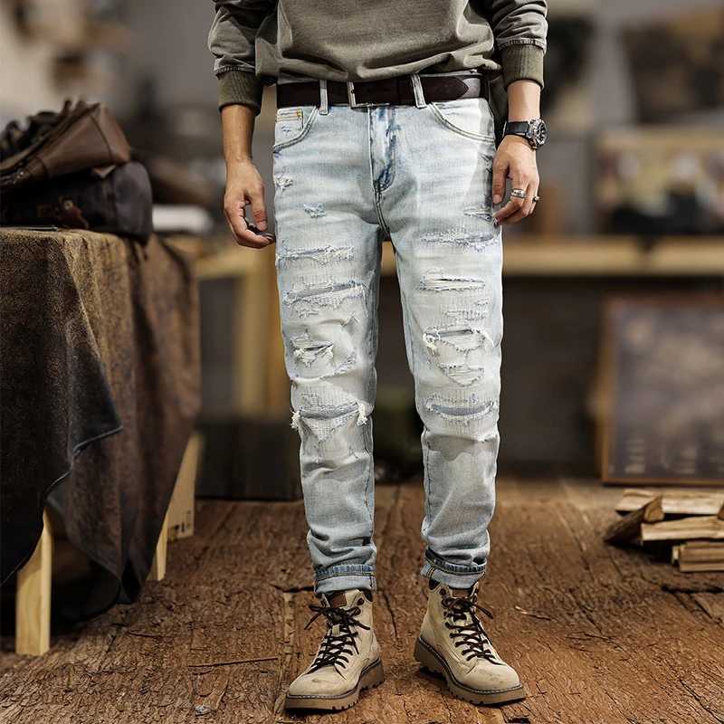 Jns28 American Tide Light-Colored Broken Hole Jeans Mens New Slim Small Leg Trousers Elastic Grinding White Trousers High-End W250701 W250701