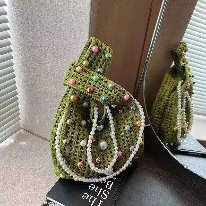 Women'S Knot Wrist Pearl Chain Tote Handmade Knitted Bag Portable Bucket Phone Handbags Large Capacity Summer Flower Handbag
