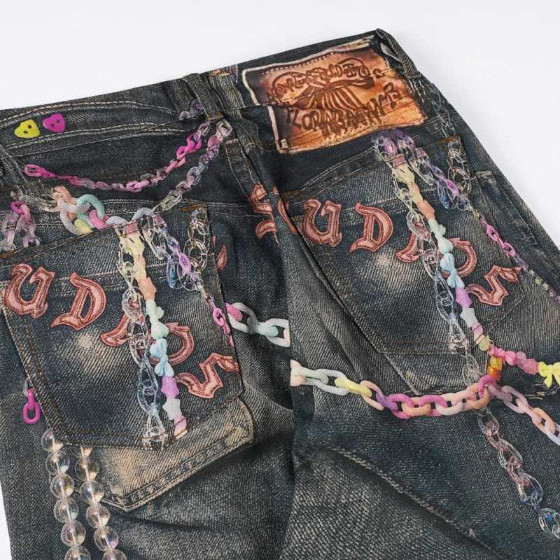 LKC060 Early autumn AC home digital candy printed bead canvas jeans mens trendy brand loose wide leg straight leg pants W250701 W250701