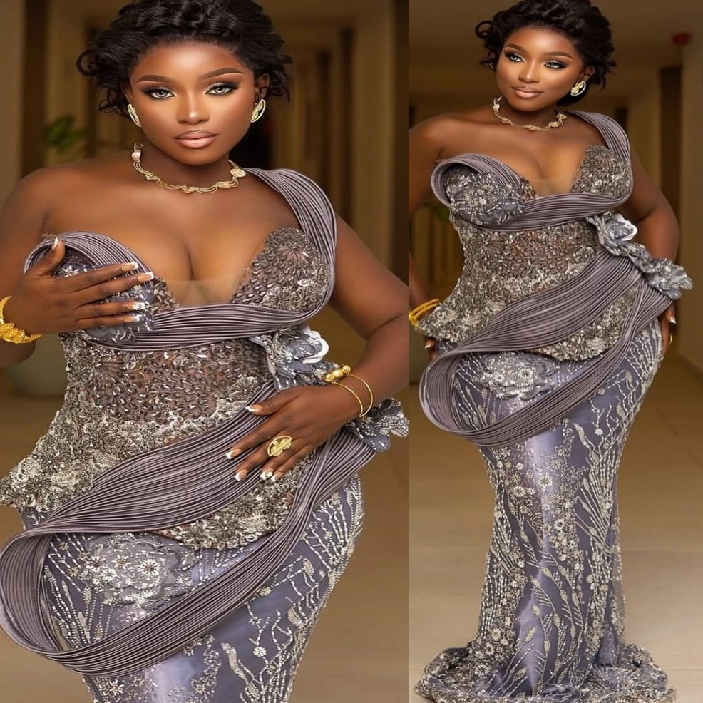 Mermaid Grey Prom Dresses 2025 Beaded Crystals Sequined One Shoulder Evening Formal Party Second Birthday Engagement Gowns Plus Size Dress For Special
