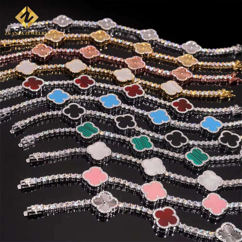 Hot Sale Multi Color Lucky Four Leaf Clover Chains 925 Silver Jewelry Iced Out 3mm VVS Moissanite Diamond Tennis Chain Bracelet