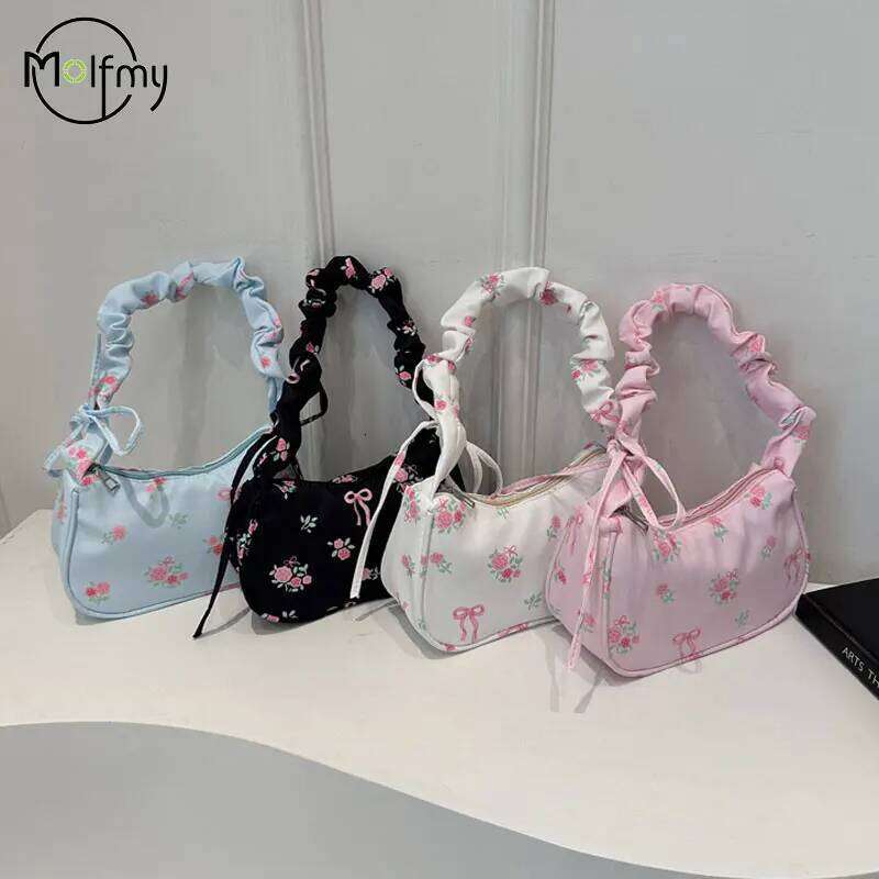 Women's Underarm Summer Canvas Pleated Handlebags Armpit Purse FloralBow Printed Zipper Tote Handbag Female Y2k Shoulder Bag